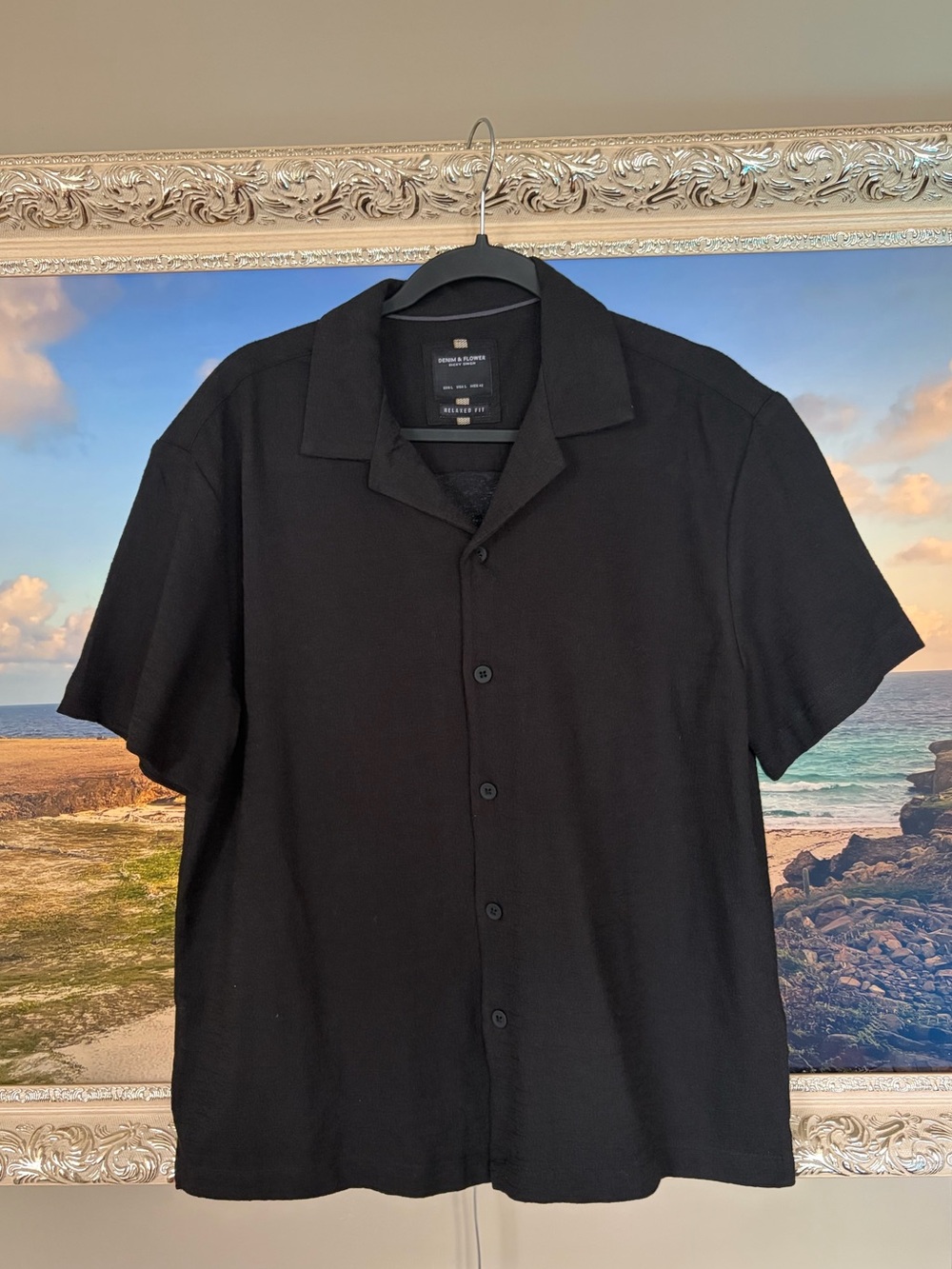 🌴Denim & Flower Ricky Singh Black Short Sleeve Button-Up Shirt Relaxed Fit Large